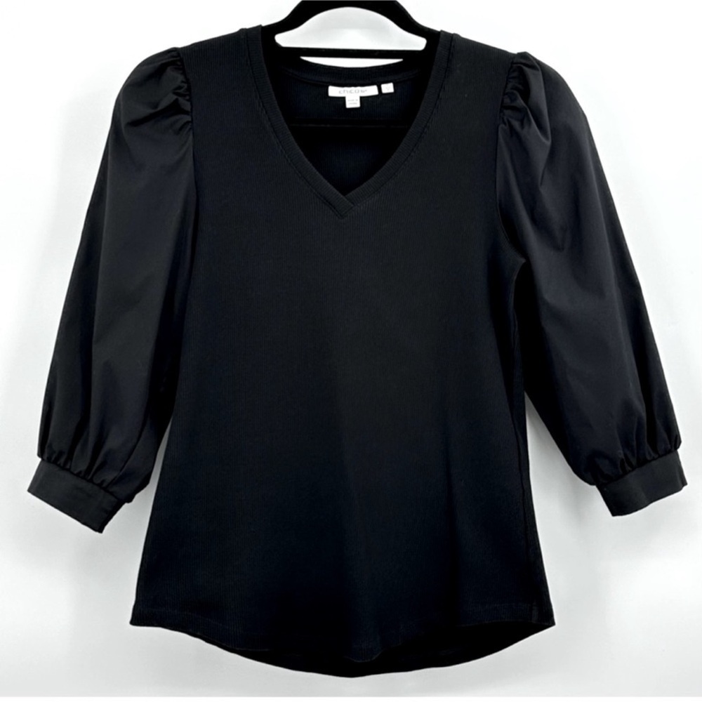 Chico's Black Ribbed Knit V Neck Blouse Small